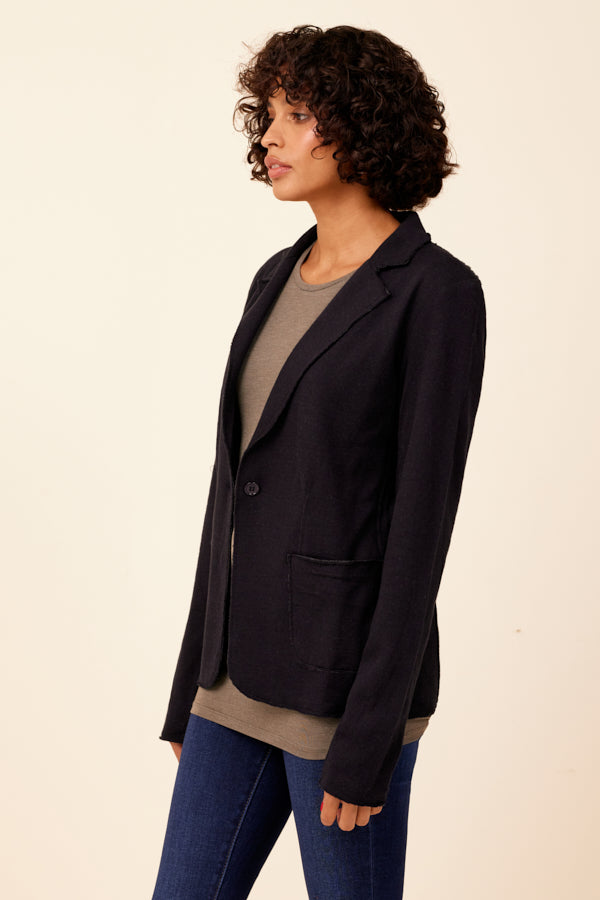 Double Face Cotton Cashmere One Button Blazer in Navy/Charcoal