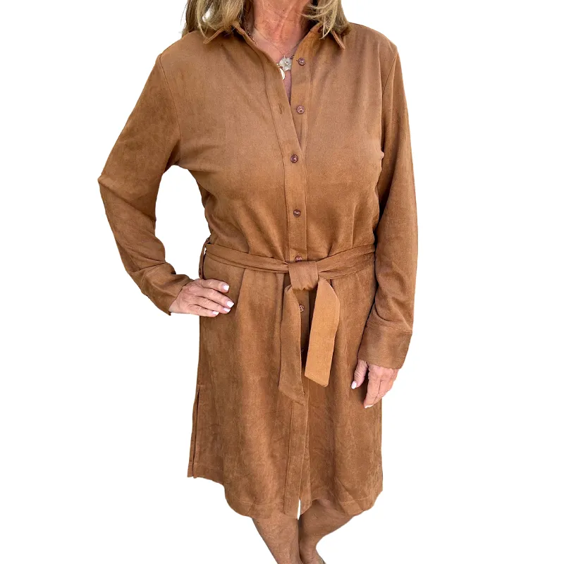 Faux Suede Shirt Dress - Cognac