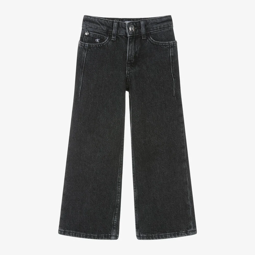 Girls Black High Rise Wide Leg Jeans