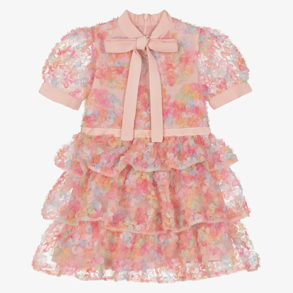 Girls Pink Tulle & Chiffon Floral Dress