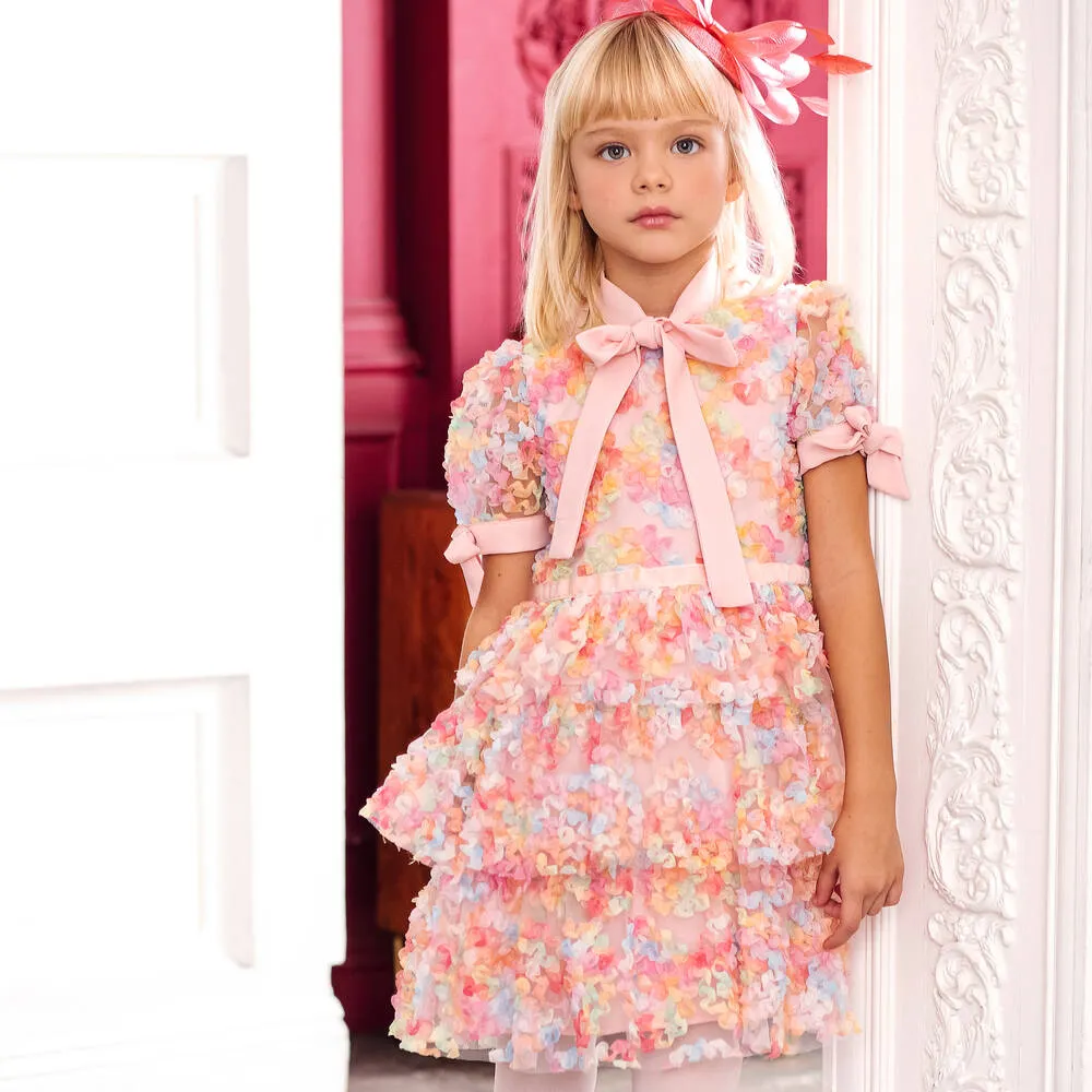 Girls Pink Tulle & Chiffon Floral Dress