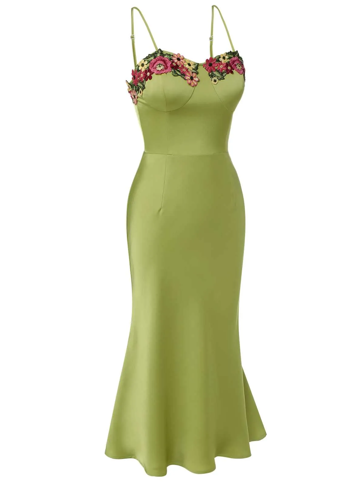 Green 1960s Spaghetti Strap 3D Floral Dress