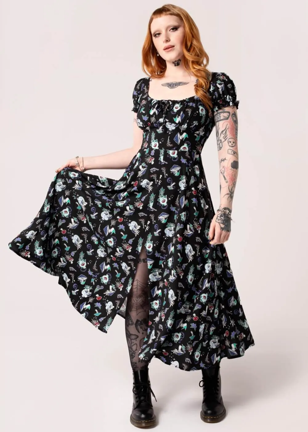 Hell Bunny Amanita Mushroom 70's Midi Dress Black