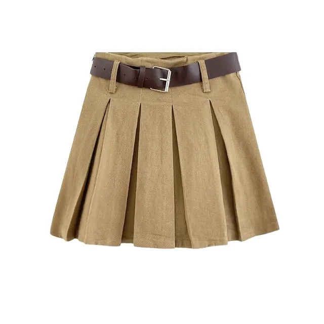 High Rise Plain Pleated Mini A-Line Skirt EE9