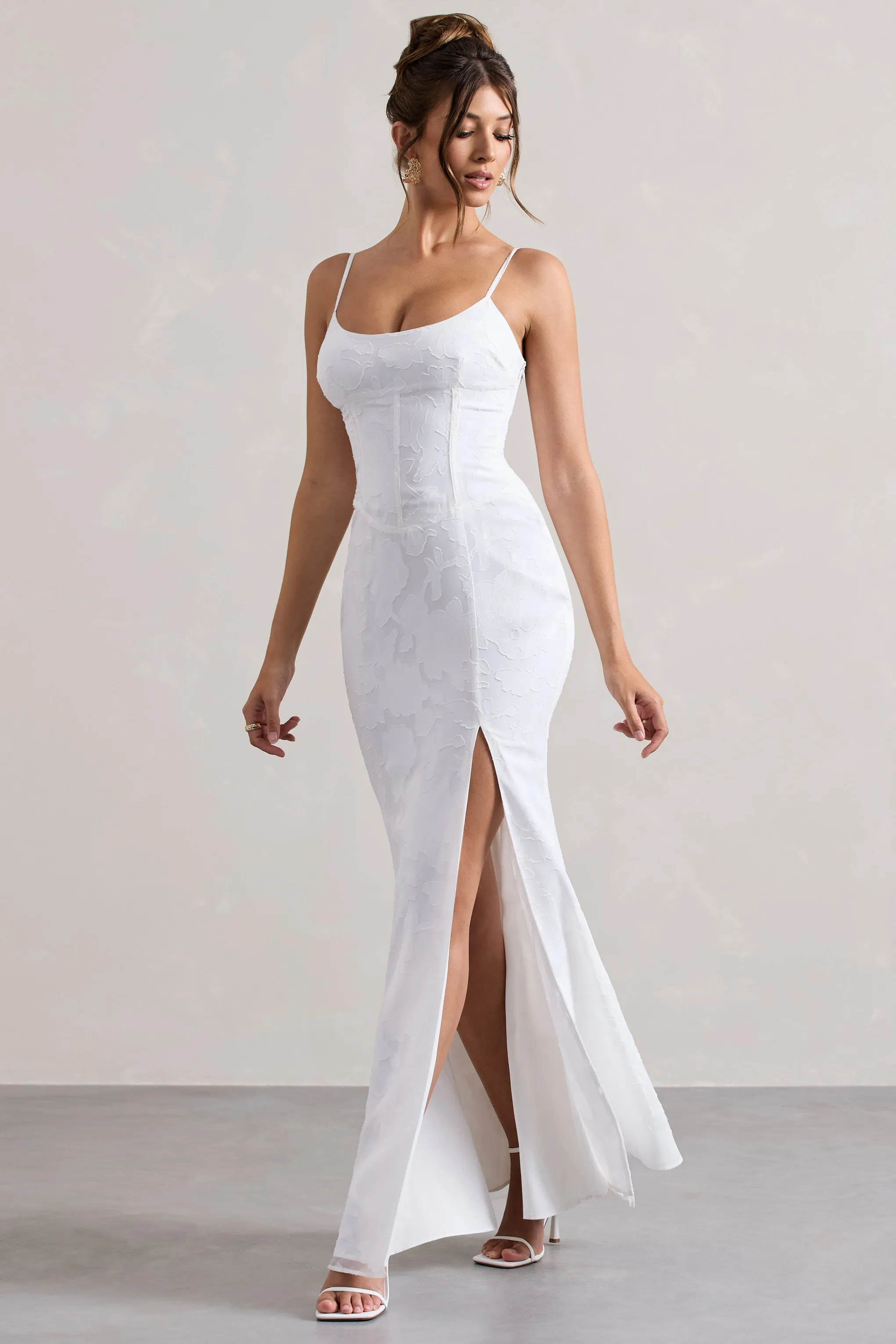 Intimacy | White Lace Corset Split Maxi Dress