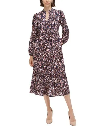 Jessica Howard Womens Floral Print Split Neck Midi Dress