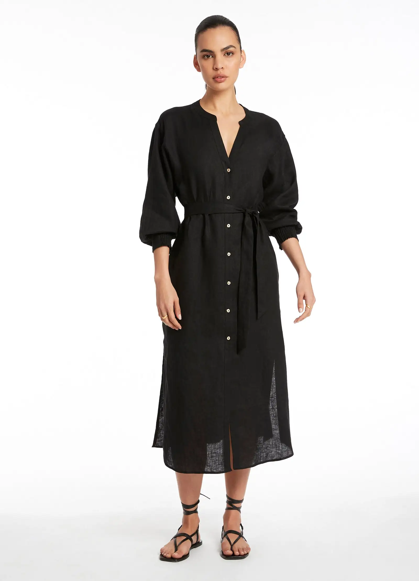 Jetset Shirred Cuff Shirt Dress - Black