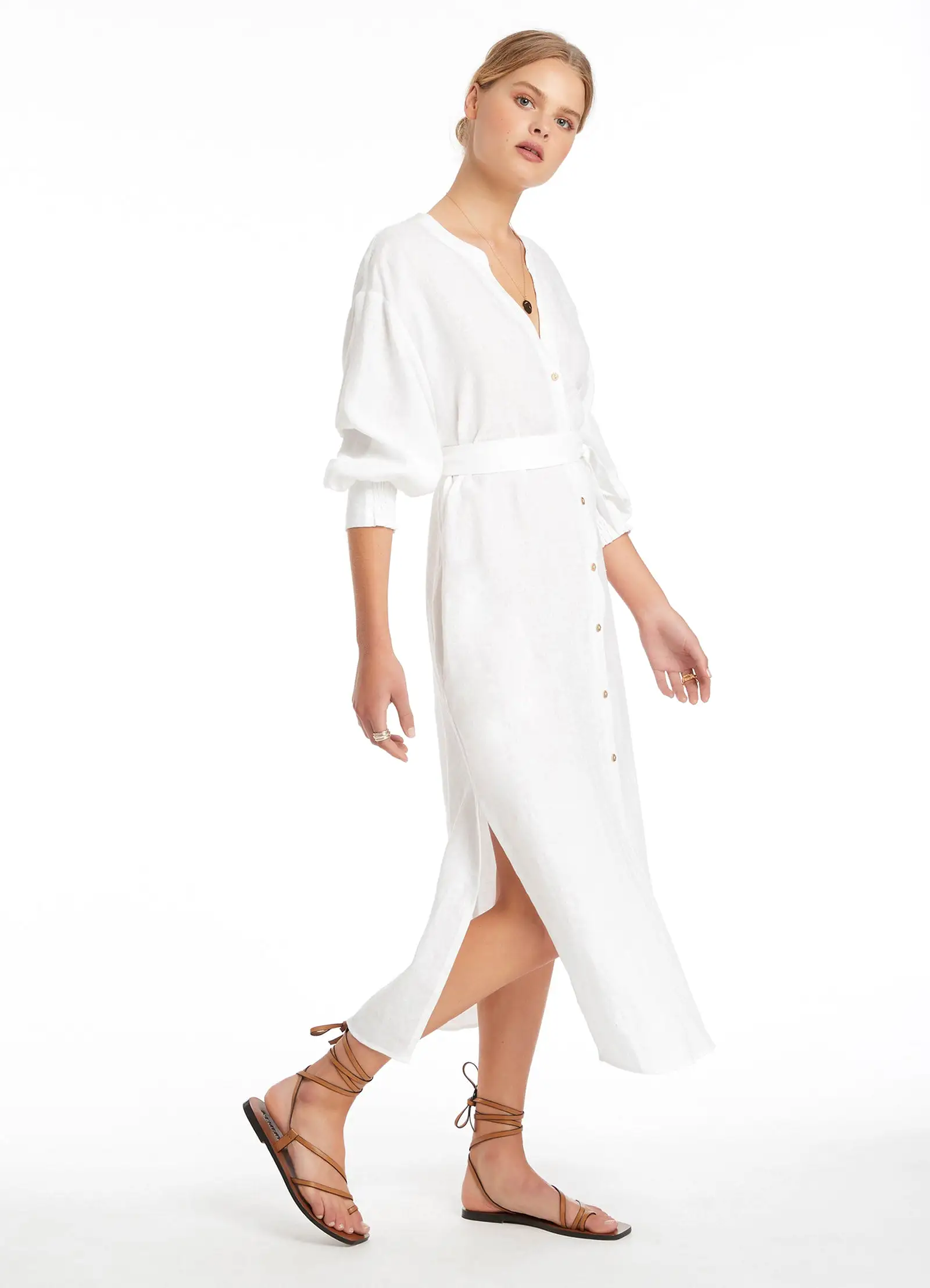 Jetset Shirred Cuff Shirt Dress - White