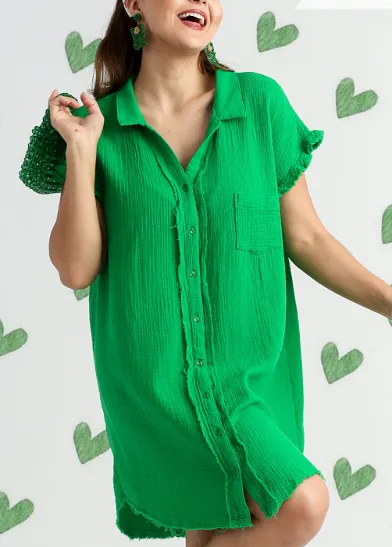 Kelly Green Gauze Shirt Dress