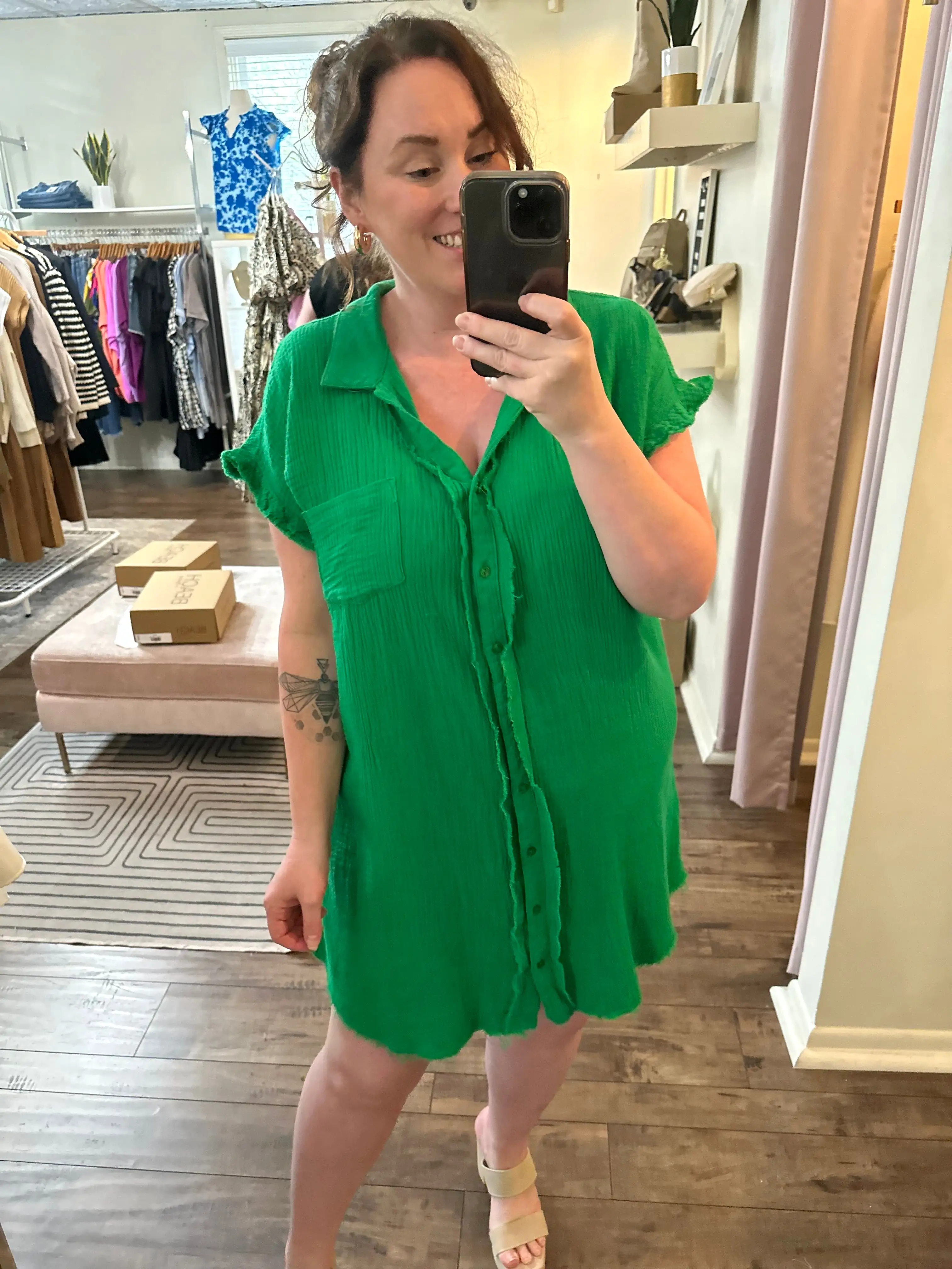 Kelly Green Gauze Shirt Dress