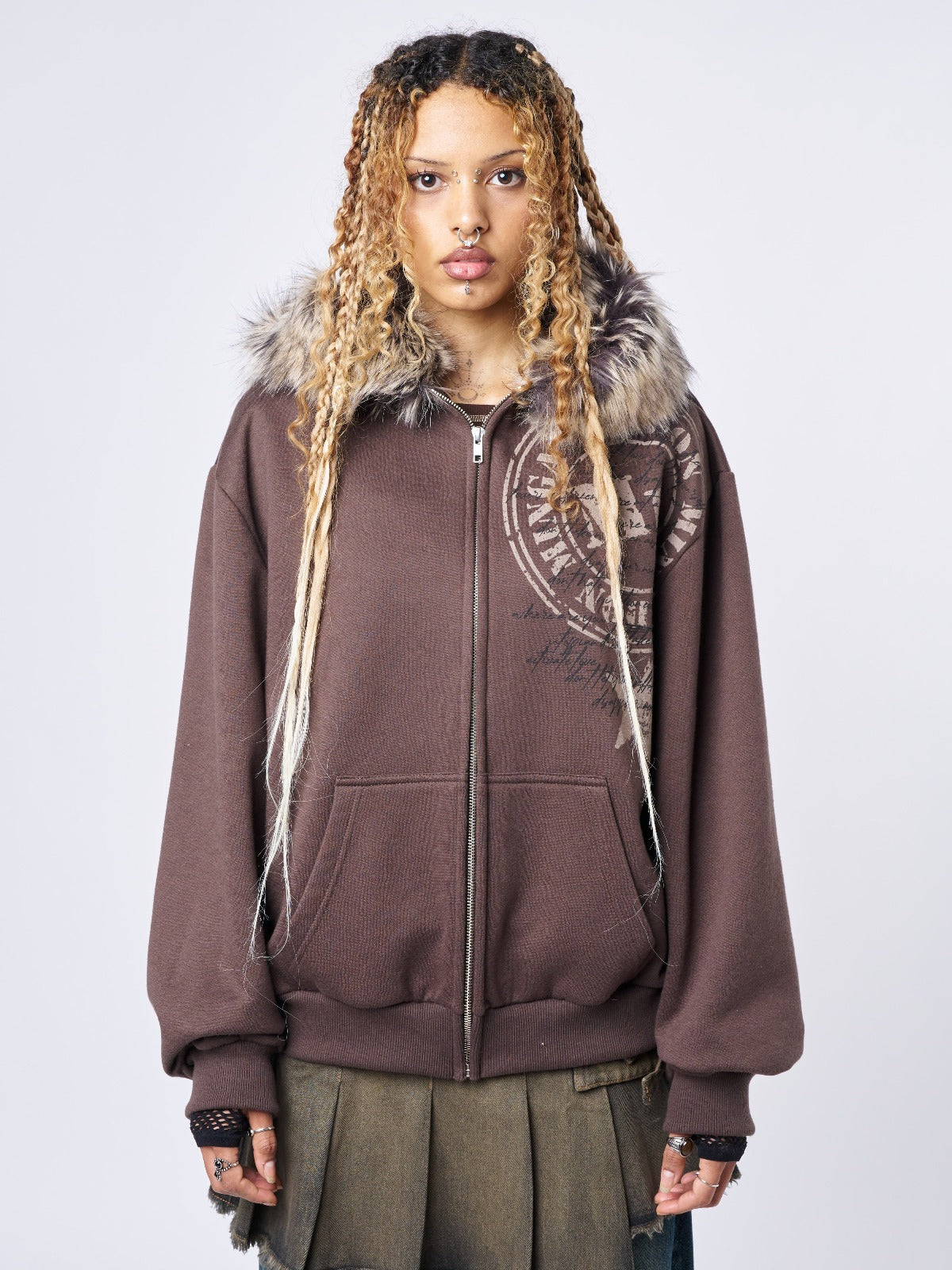 Kiara Faux Fur Neck Oversized Zip Up Hoodie