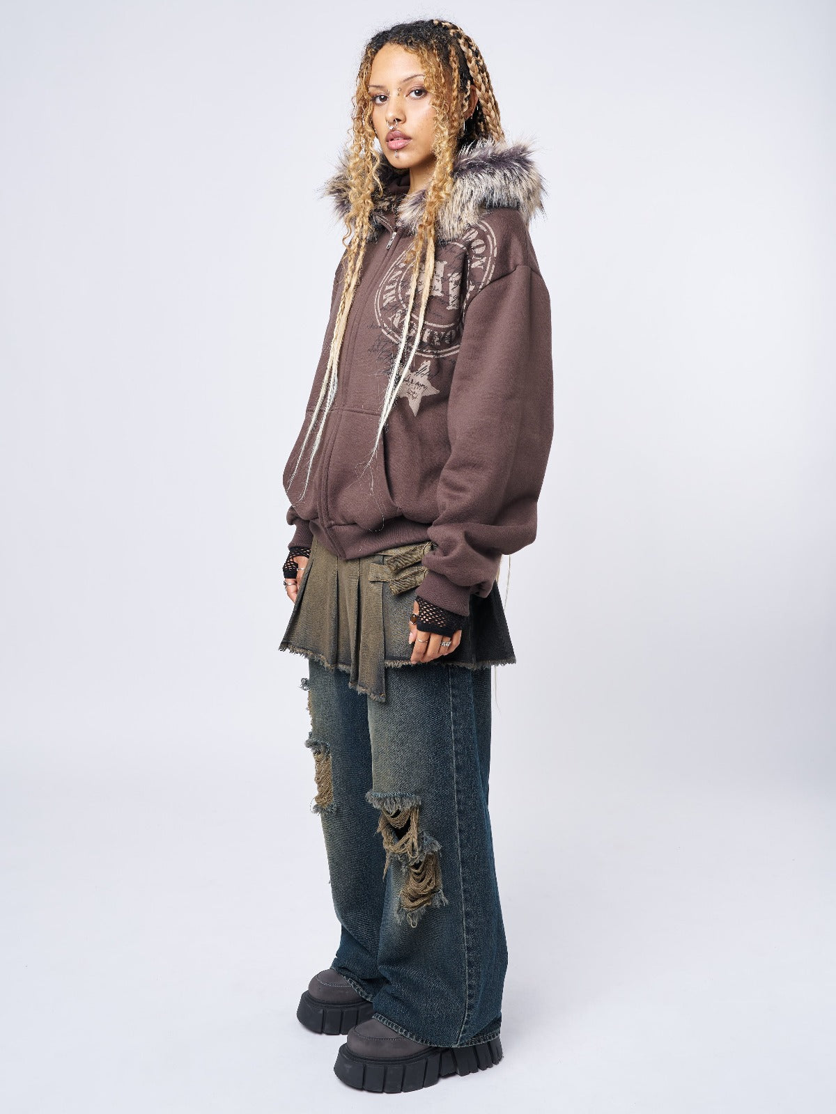 Kiara Faux Fur Neck Oversized Zip Up Hoodie