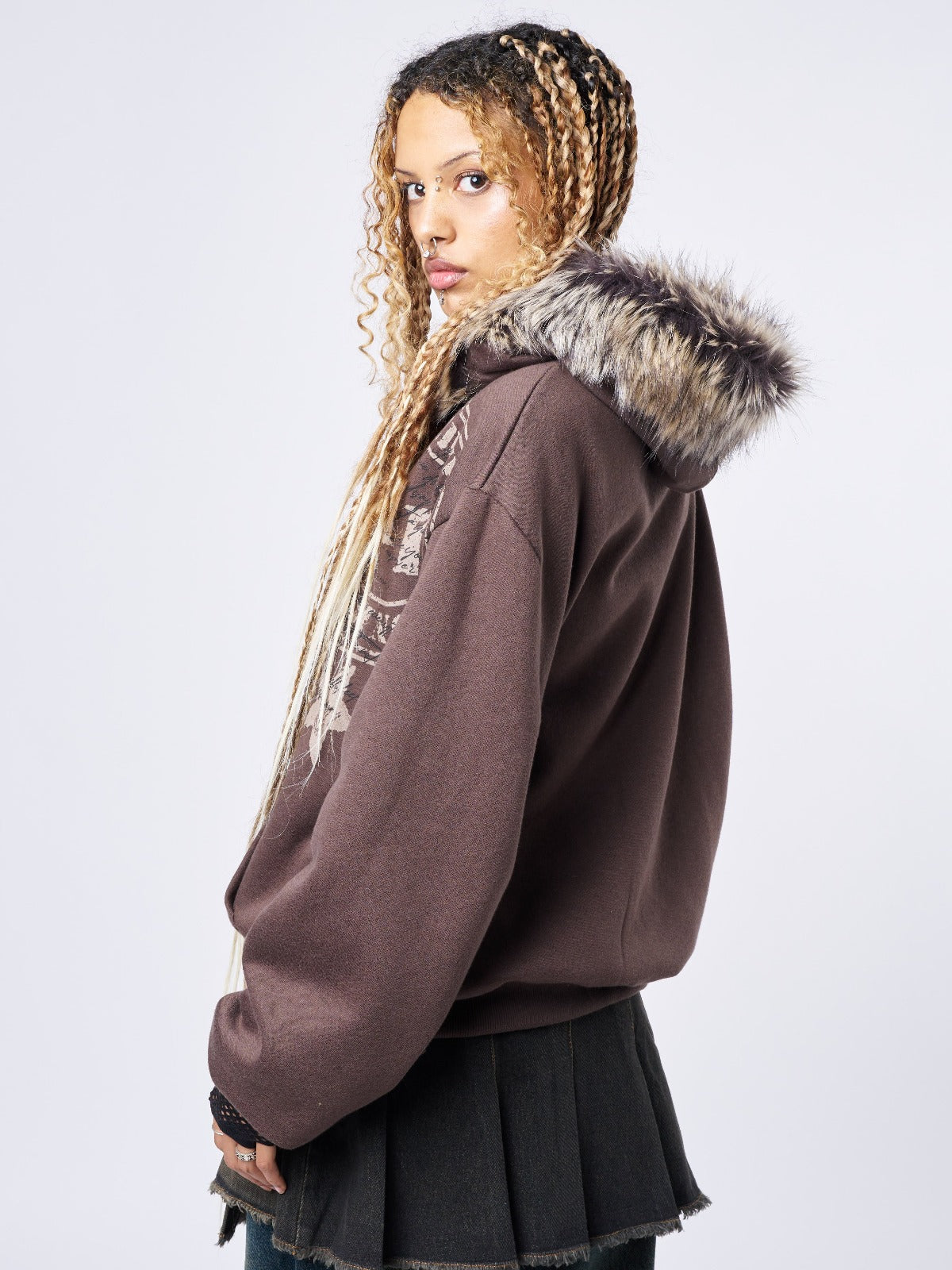 Kiara Faux Fur Neck Oversized Zip Up Hoodie