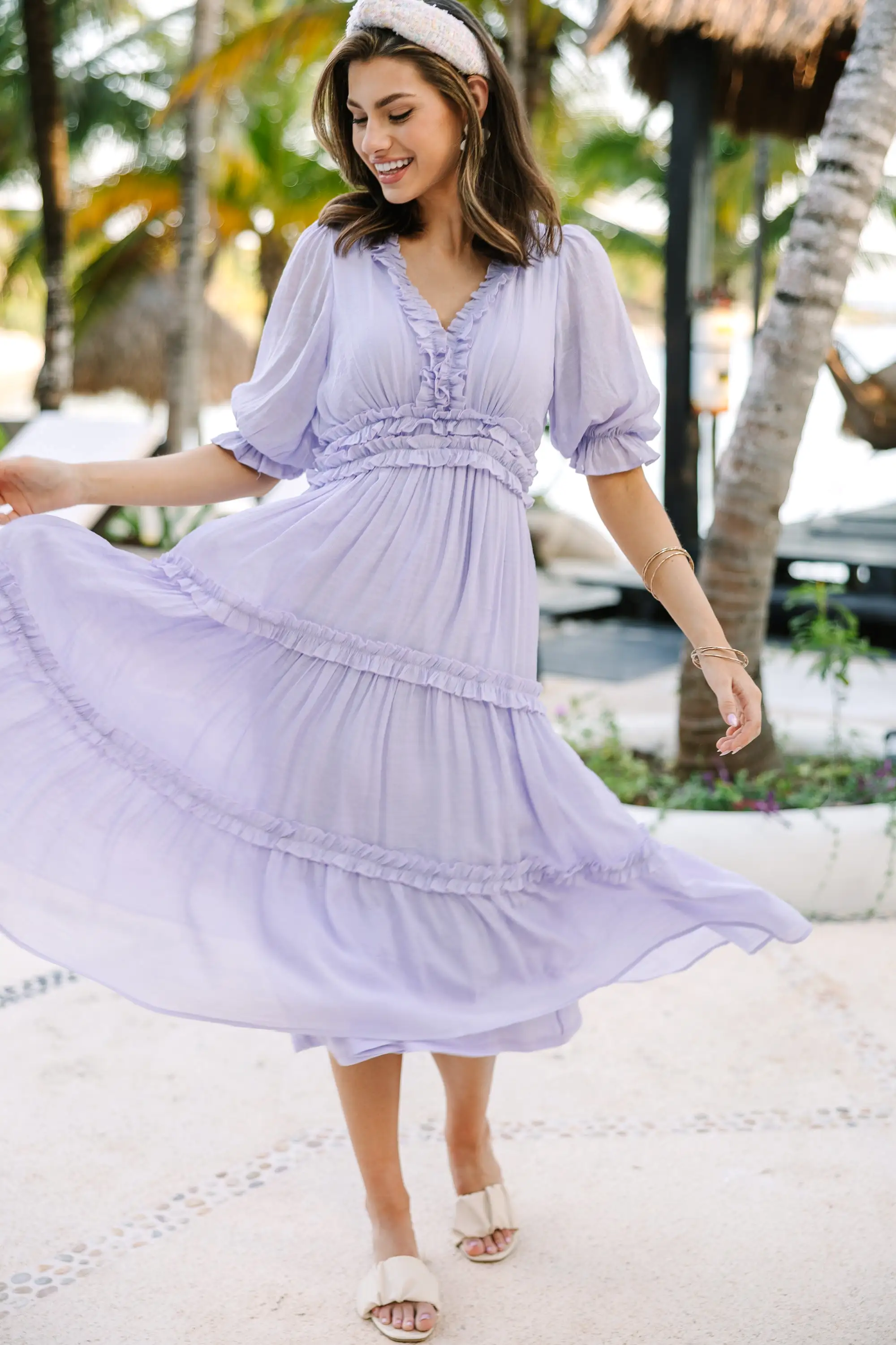 Living In A Dream Lavender Purple Ruffled Midi Dress