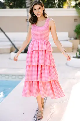 Look Your Way Pink Gingham Midi Dress