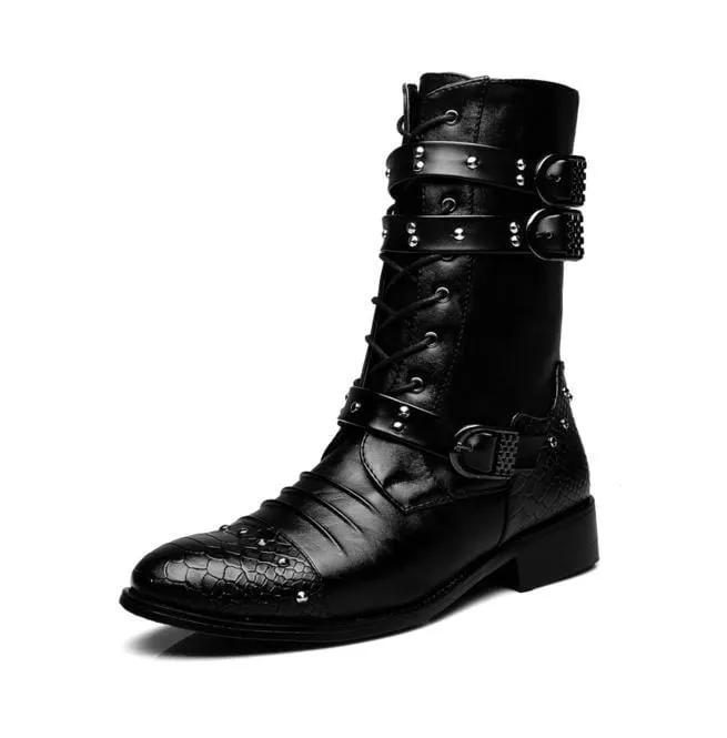 Men's Punk Rivets Lace Up Pointed Boots Martin Boots Men Army Boots