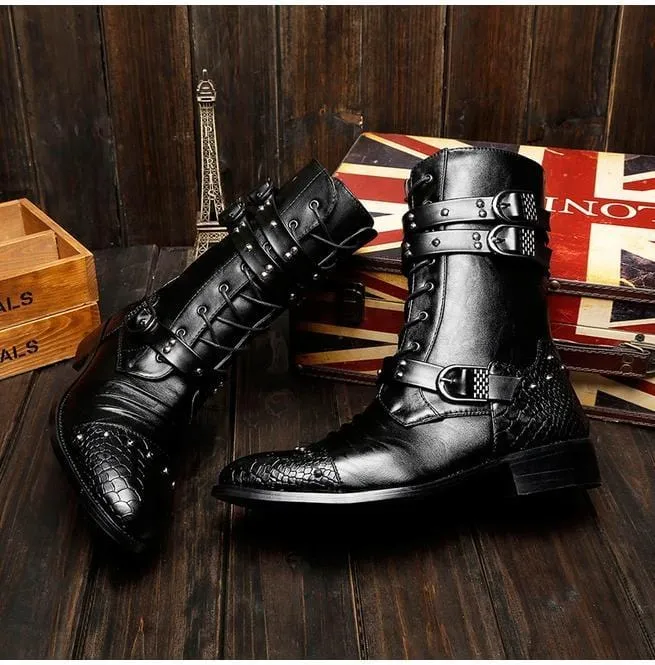 Men's Punk Rivets Lace Up Pointed Boots Martin Boots Men Army Boots