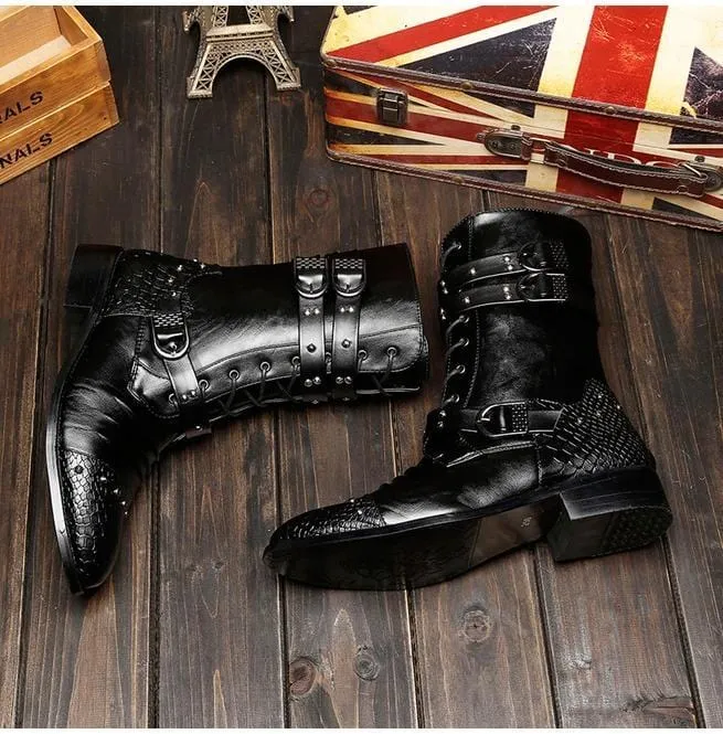 Men's Punk Rivets Lace Up Pointed Boots Martin Boots Men Army Boots