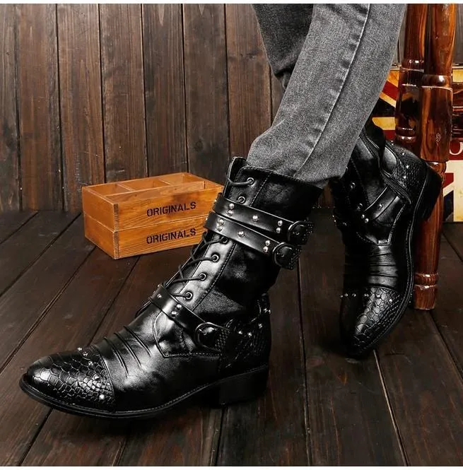 Men's Punk Rivets Lace Up Pointed Boots Martin Boots Men Army Boots