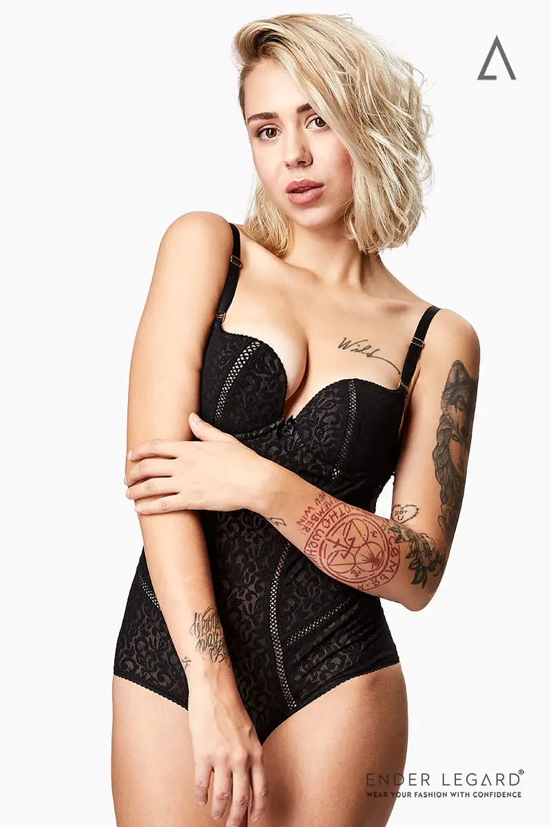 MIA Backless Bodysuit with Plunge Bra in Jacquard Mesh (Black)