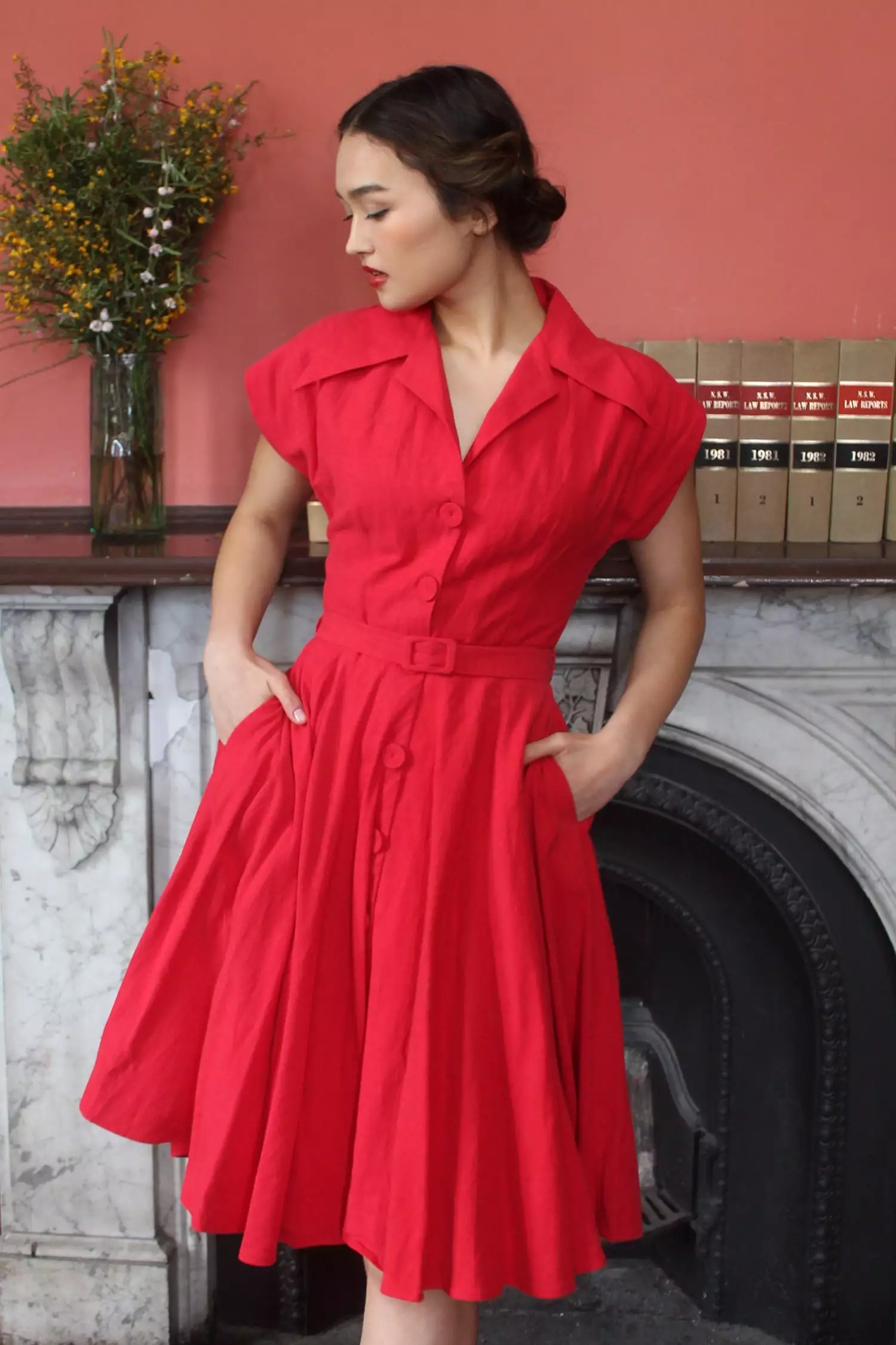 Naomi Red Linen Shirt Dress