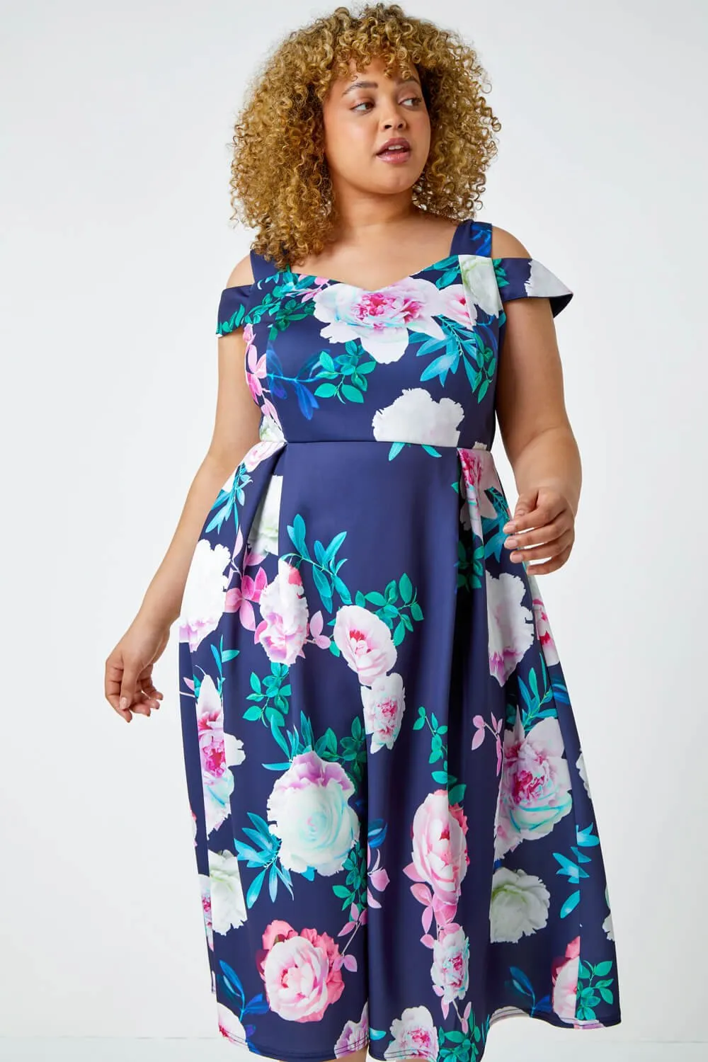 Navy Curve Premium Stretch Floral Dress | Roman UK