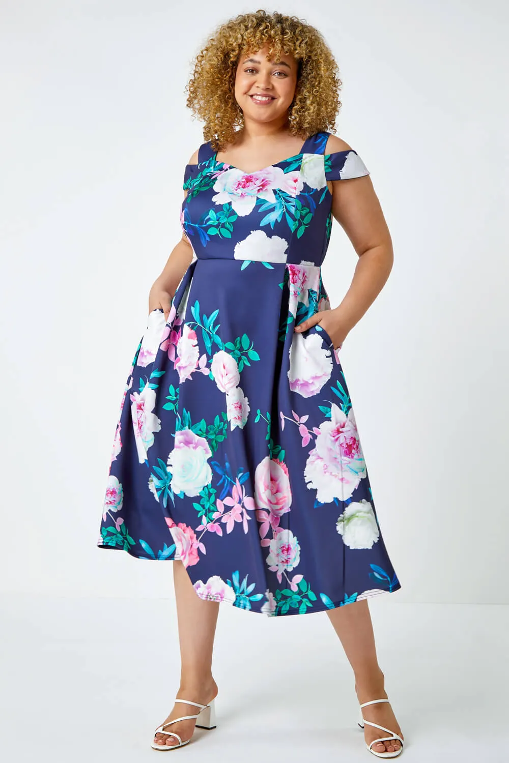 Navy Curve Premium Stretch Floral Dress | Roman UK