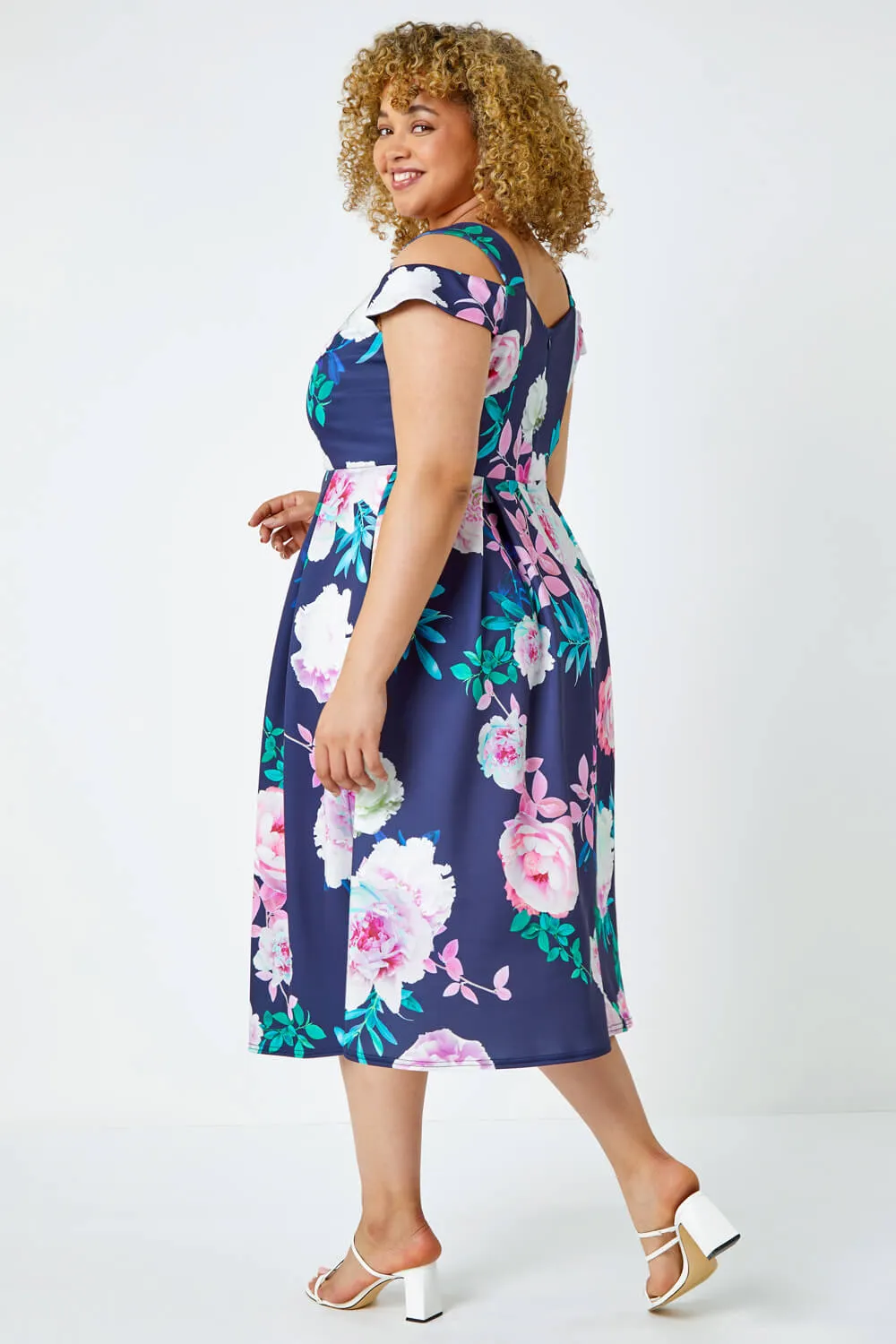 Navy Curve Premium Stretch Floral Dress | Roman UK