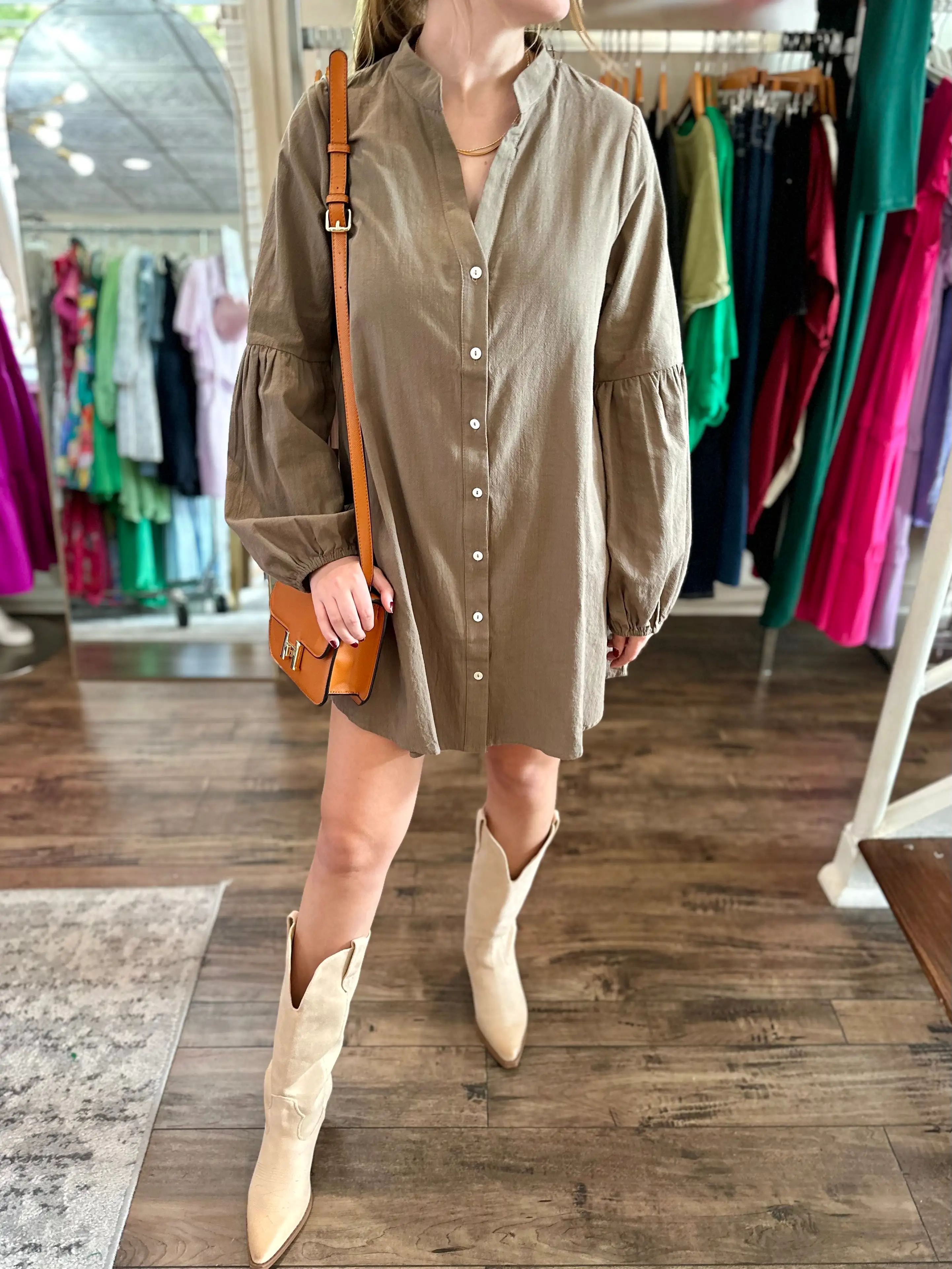 Olive Button Front Shirt Dress