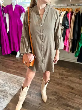 Olive Button Front Shirt Dress