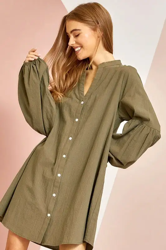 Olive Button Front Shirt Dress