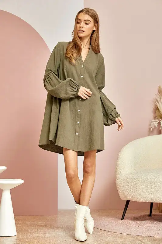 Olive Button Front Shirt Dress