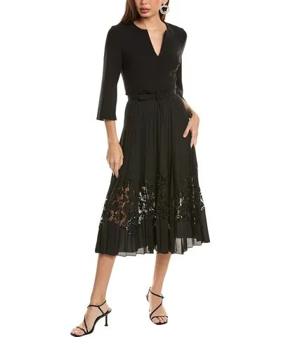 Oscar de la Renta Pleated Skirt Silk-Lined Wool-Blend Midi Dress