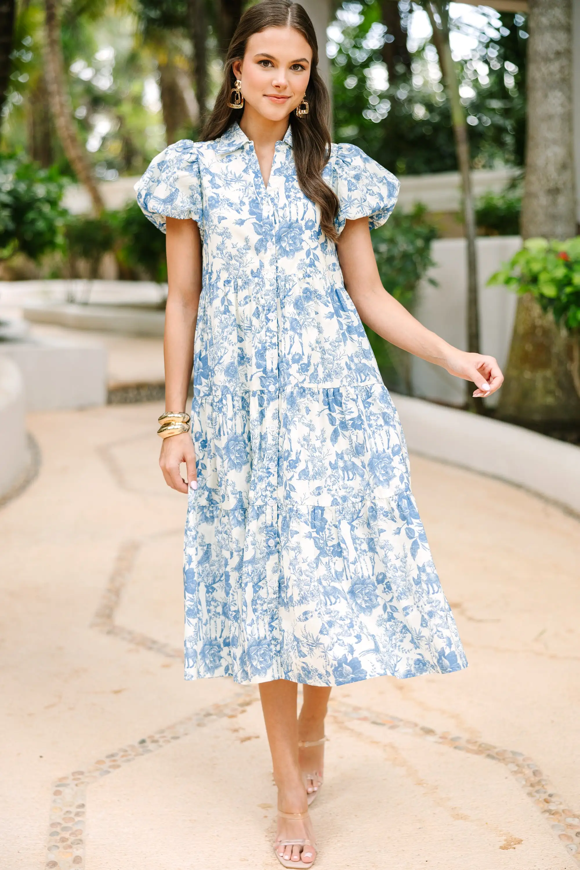 Perfect For You Blue Toile Button Down Midi Dress