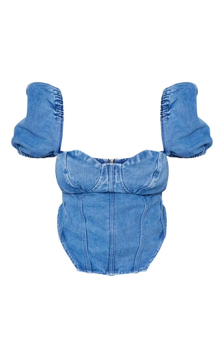 Plus Mid Blue Wash Puff Sleeve Denim Corset Top