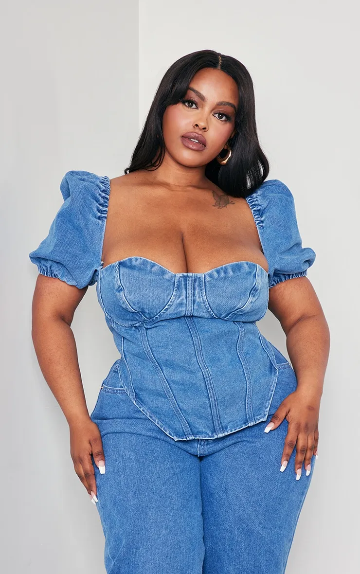 Plus Mid Blue Wash Puff Sleeve Denim Corset Top