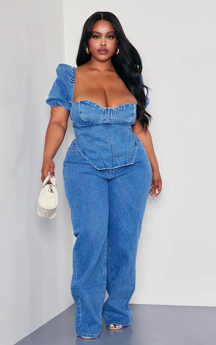 Plus Mid Blue Wash Puff Sleeve Denim Corset Top