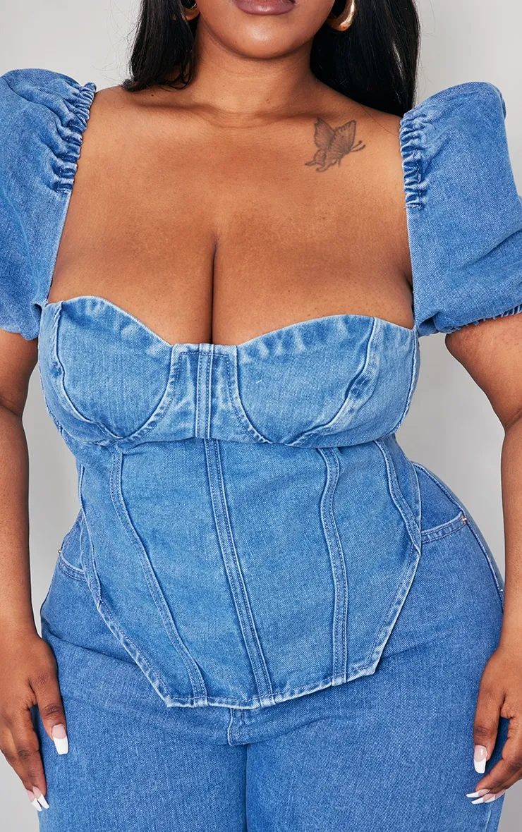 Plus Mid Blue Wash Puff Sleeve Denim Corset Top