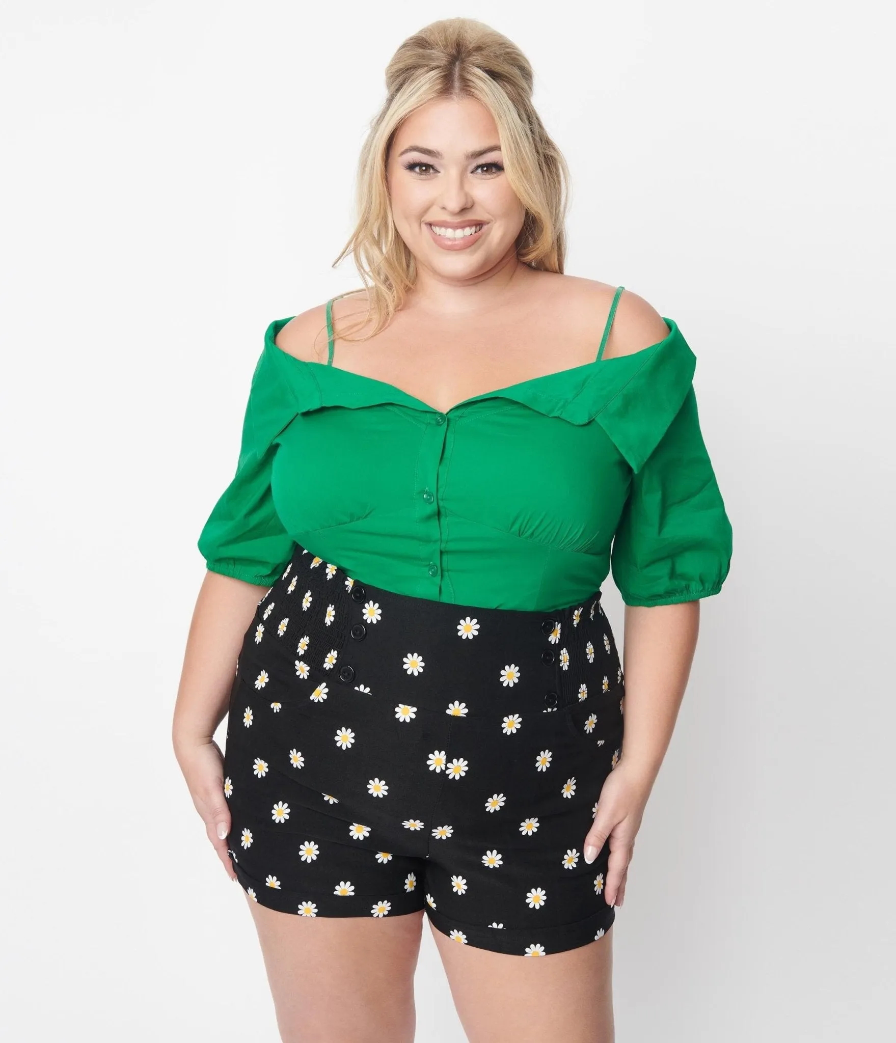 Plus Size Kelly Green Off The Shoulder Collared Top