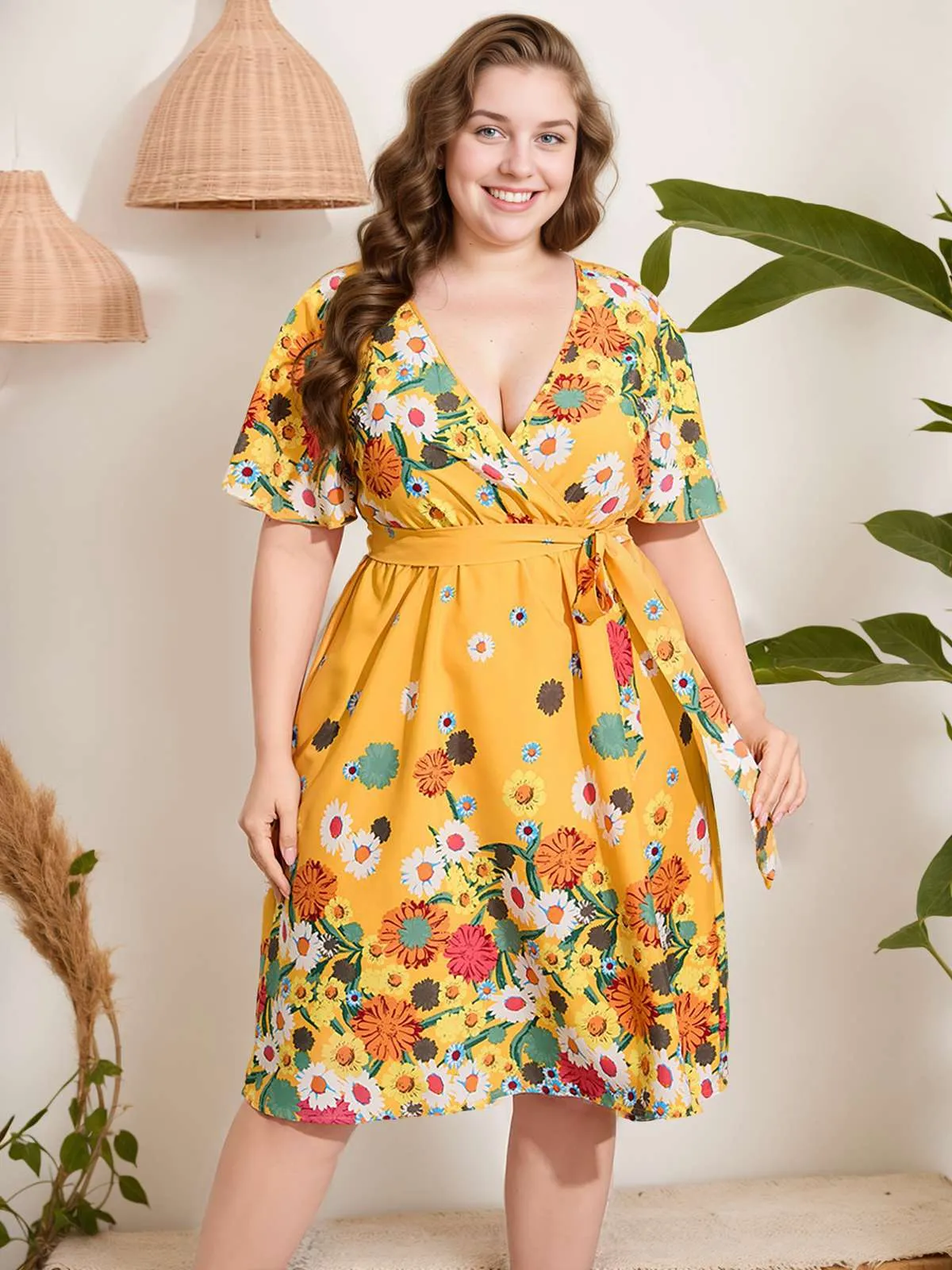 [Plus Size] Yellow 1950s V-Neck Belted Floral Dress