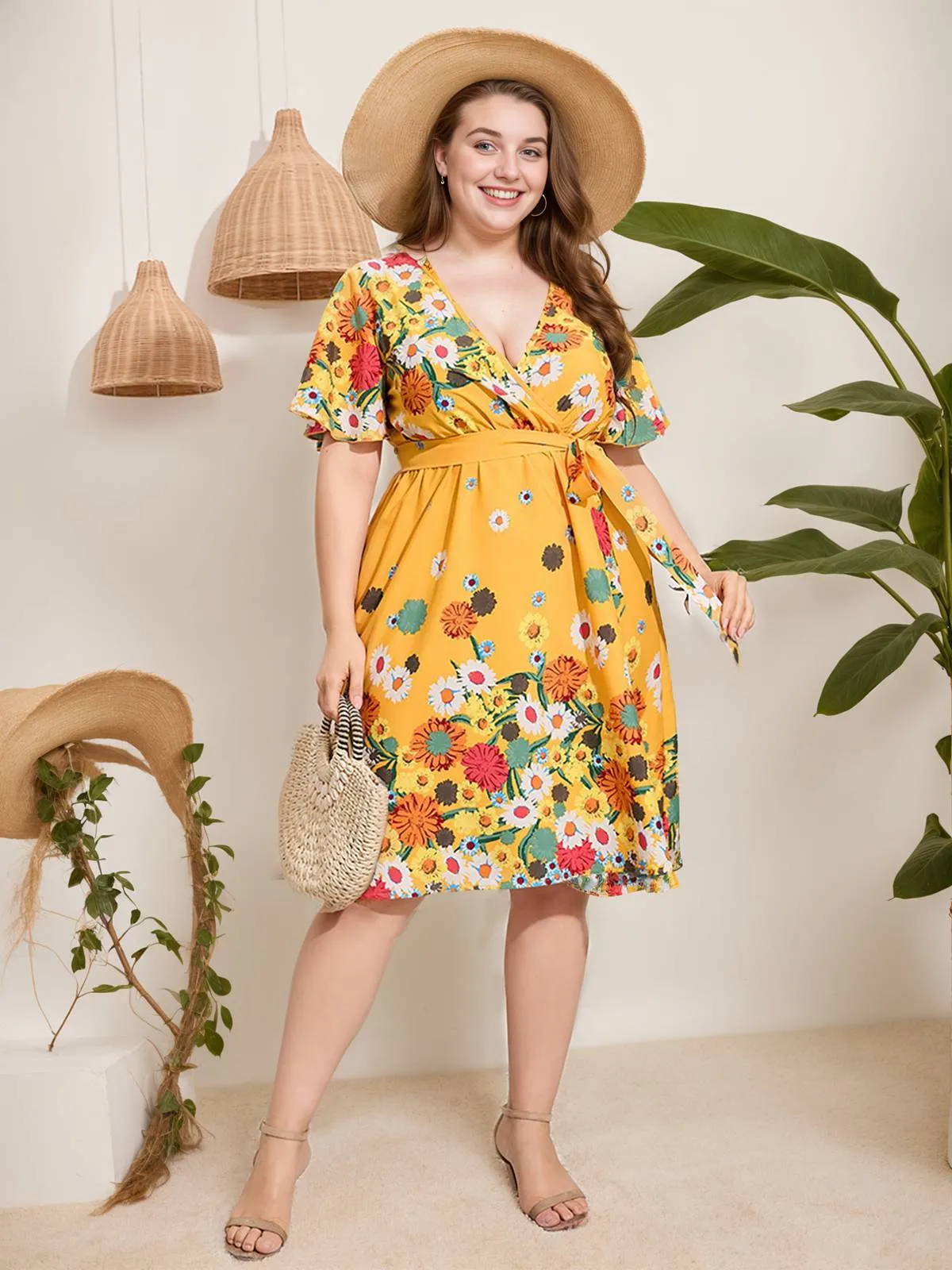 [Plus Size] Yellow 1950s V-Neck Belted Floral Dress