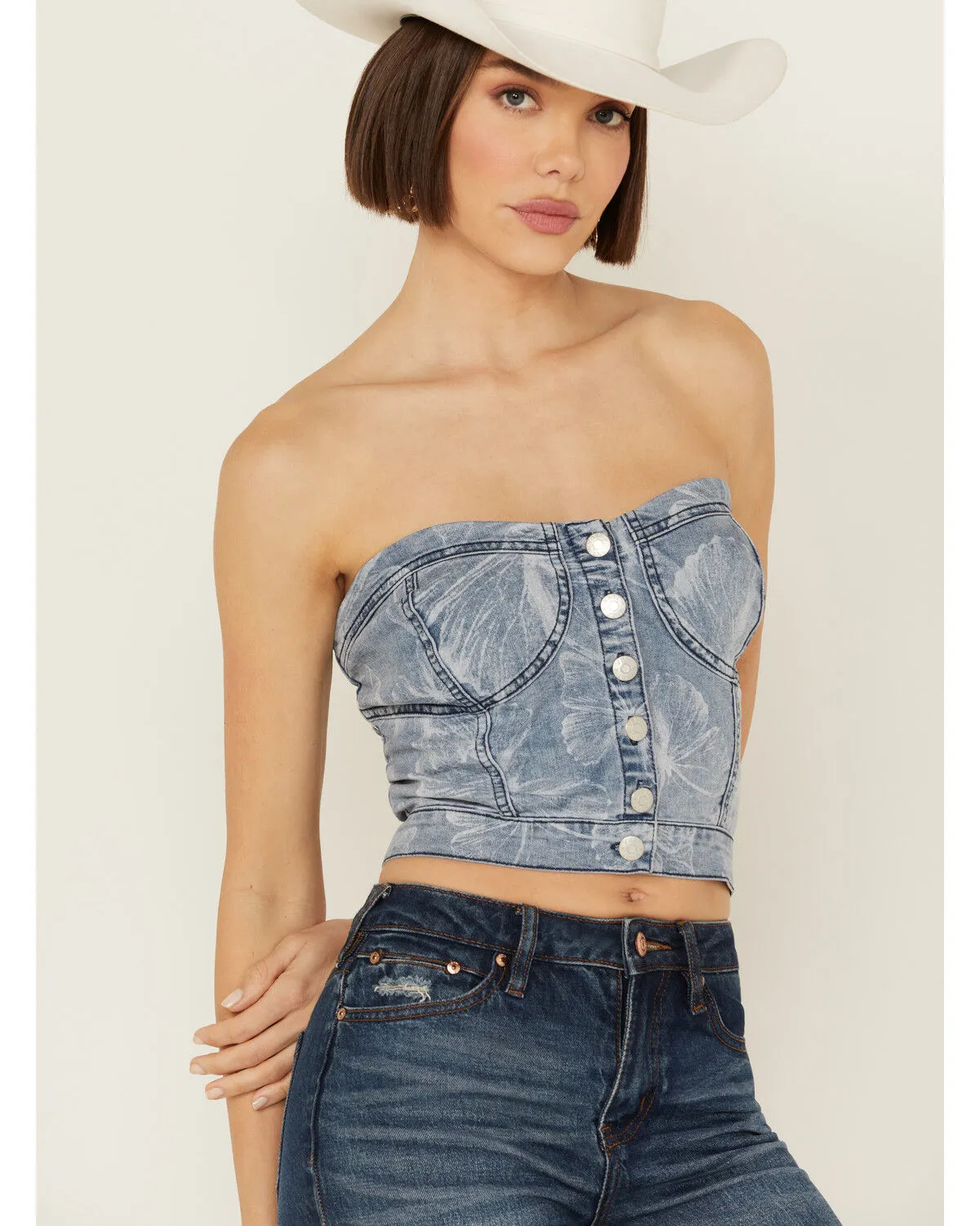 Product Name:  Vibrant Denim Women's Medium Wash Button Up Floral Corset