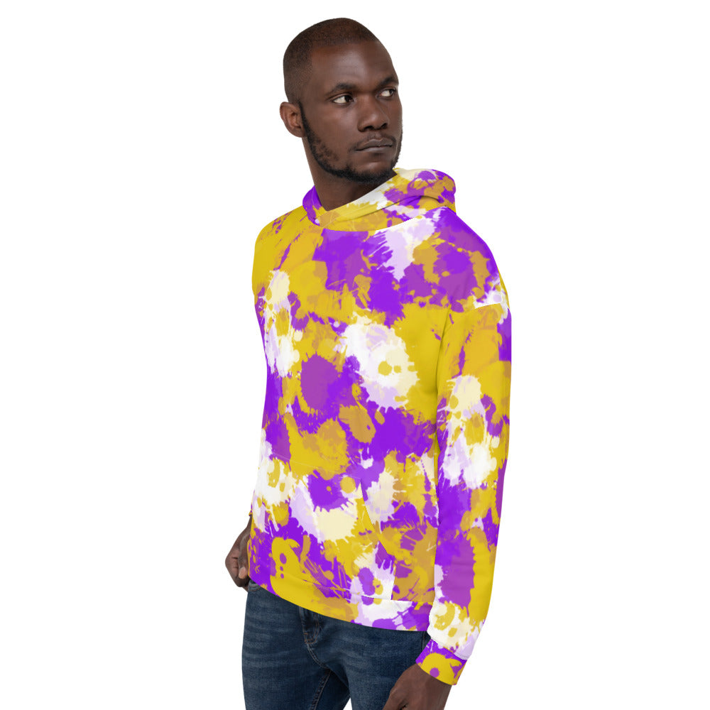 Purple Gold and White Paint Splatter Pullover Hoodie