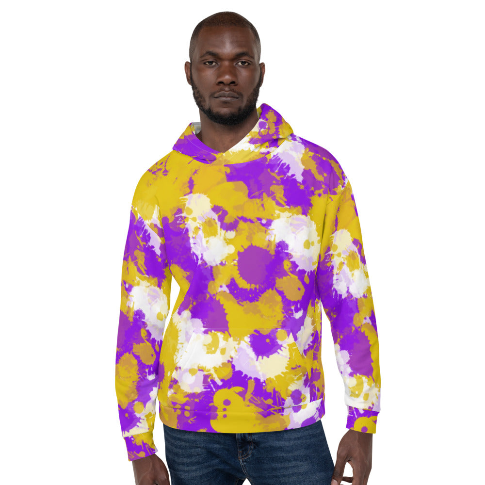 Purple Gold and White Paint Splatter Pullover Hoodie