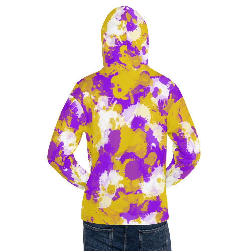 Purple Gold and White Paint Splatter Pullover Hoodie