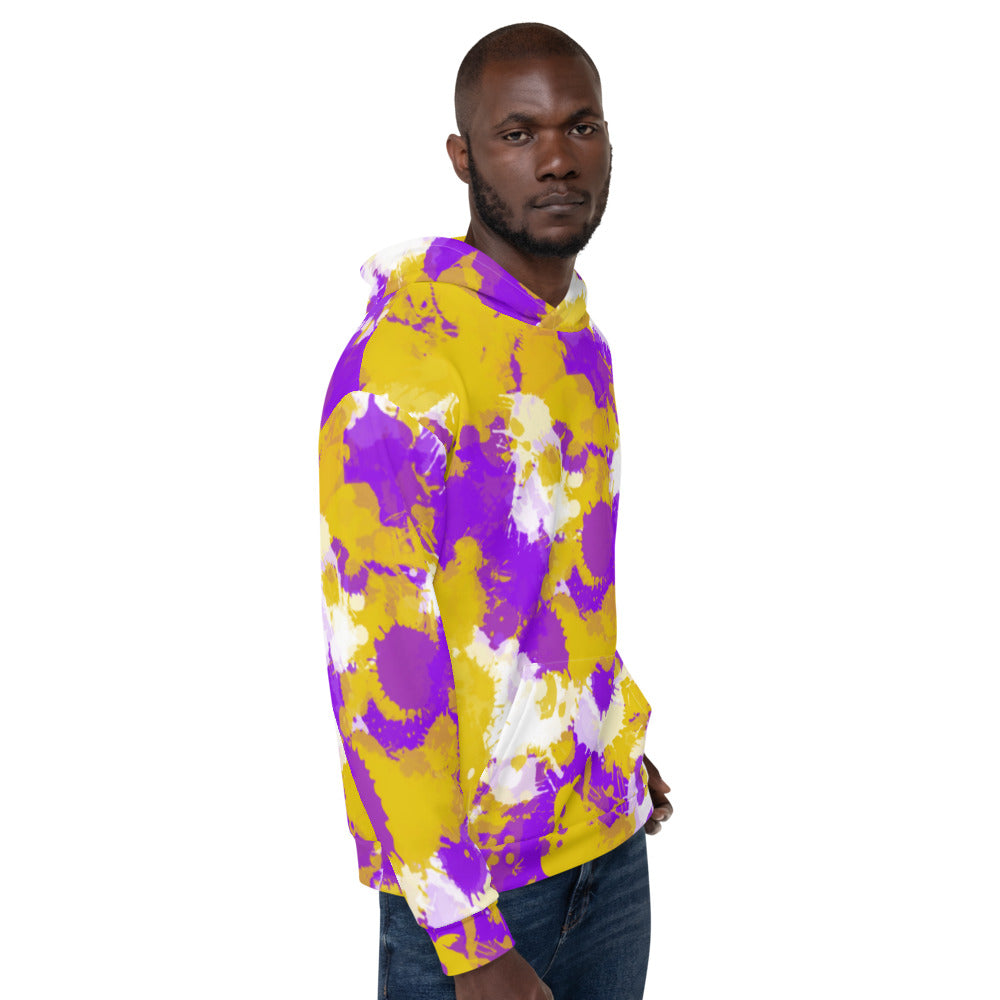 Purple Gold and White Paint Splatter Pullover Hoodie