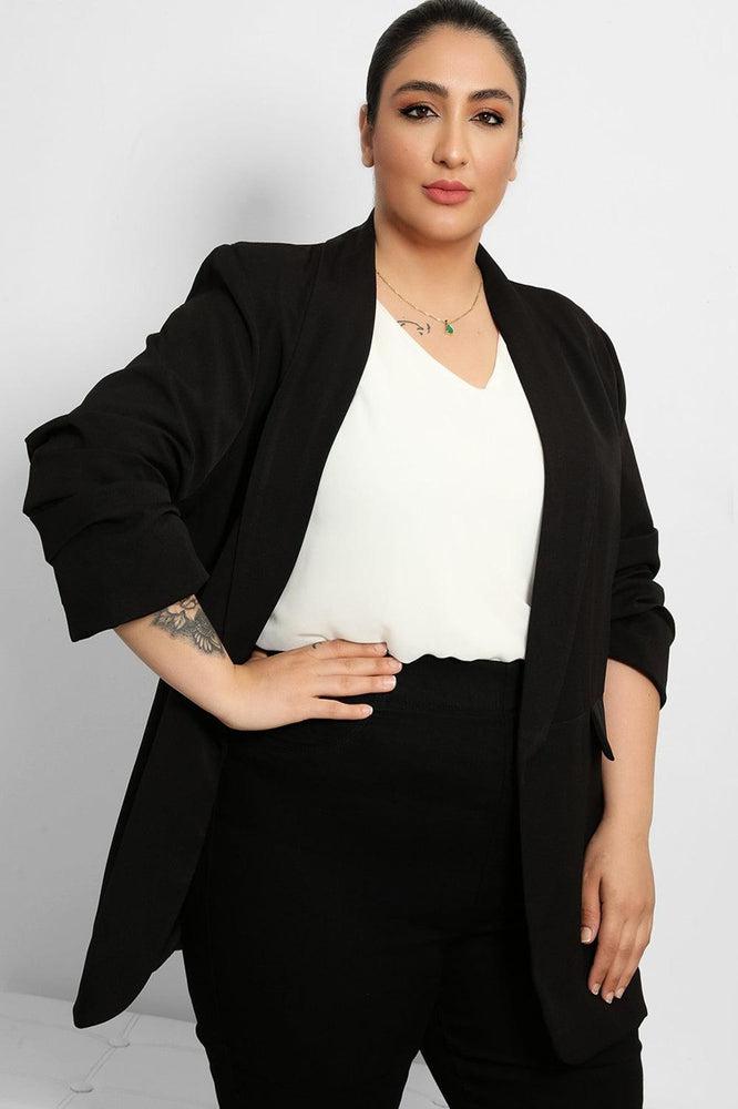 Ruched Sleeves Open Front Blazer