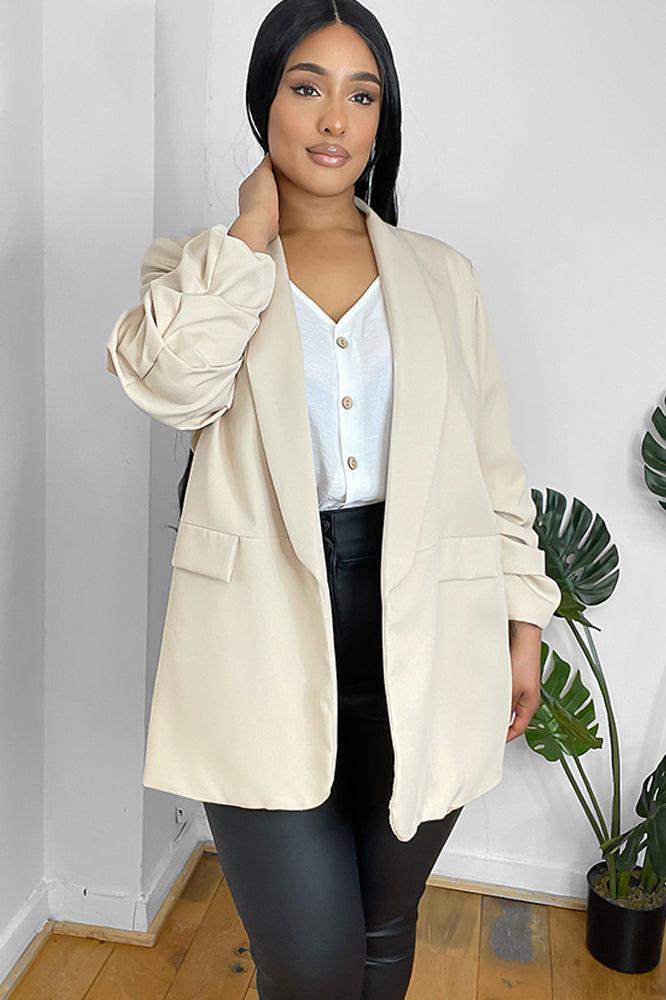 Ruched Sleeves Open Front Blazer