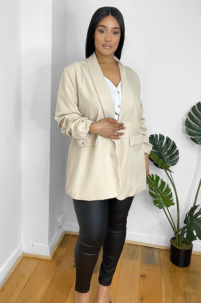 Ruched Sleeves Open Front Blazer