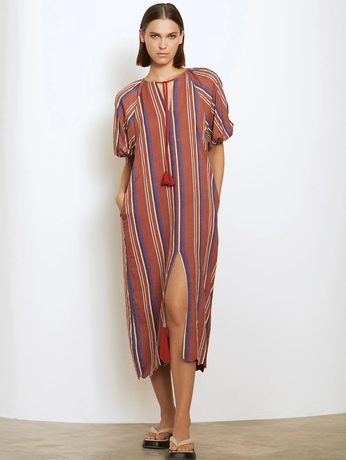 Skatïe – Striped Print Midi Dress in Tile Red